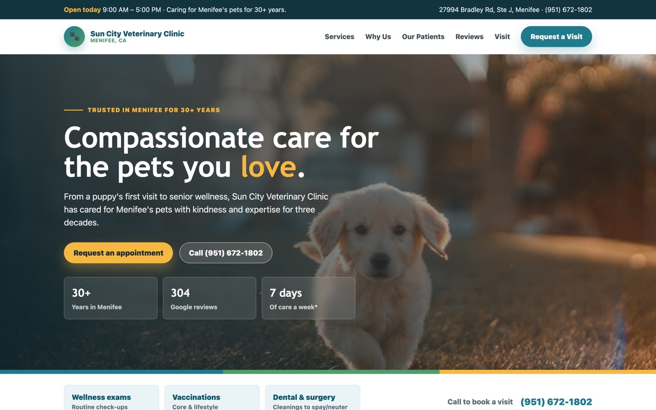 Sun City Veterinary Clinic website homepage